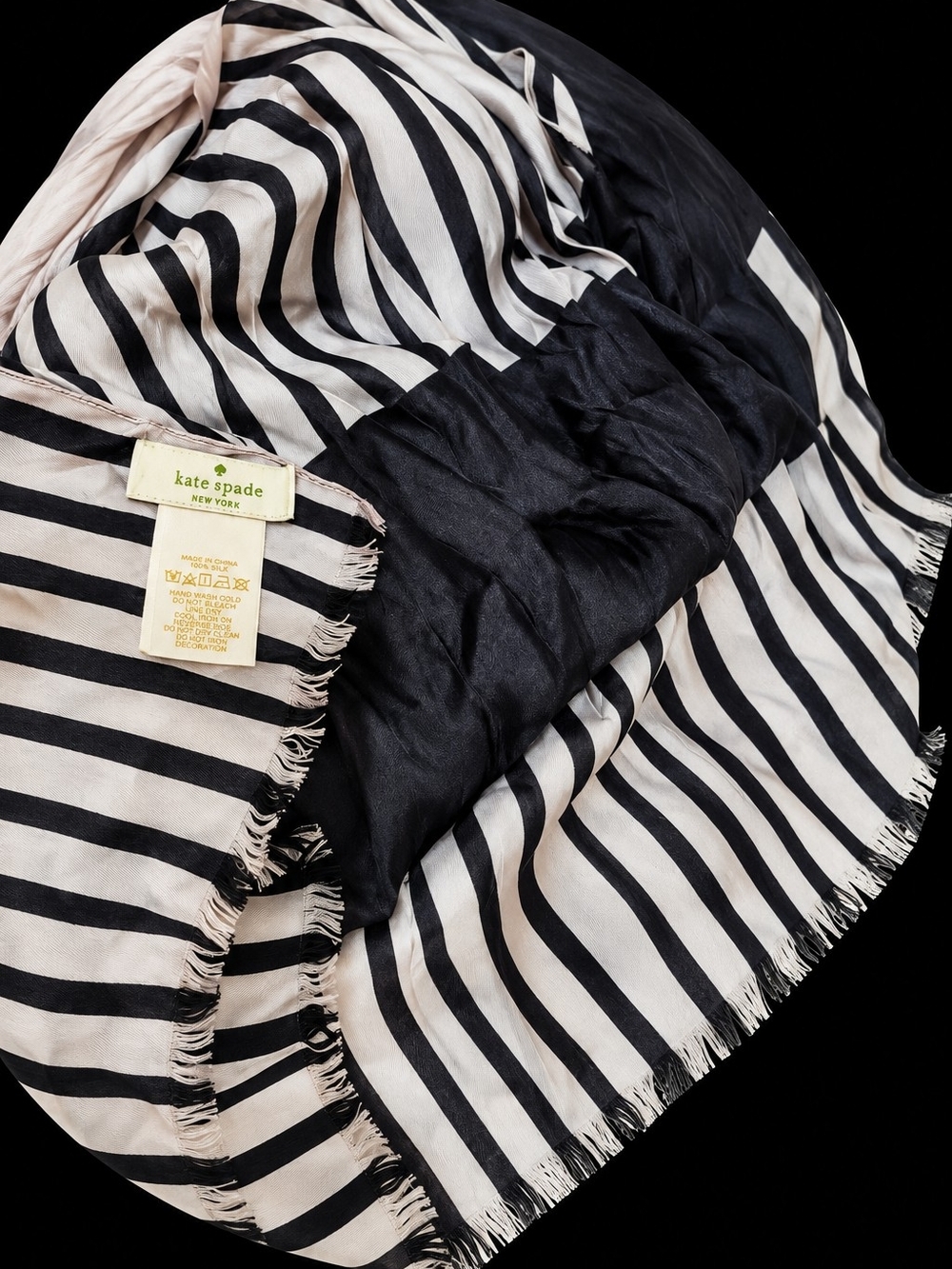 KATE SPADE New York 100% Silk Black Ivory Striped Oversized Scarf Wrap Fringe